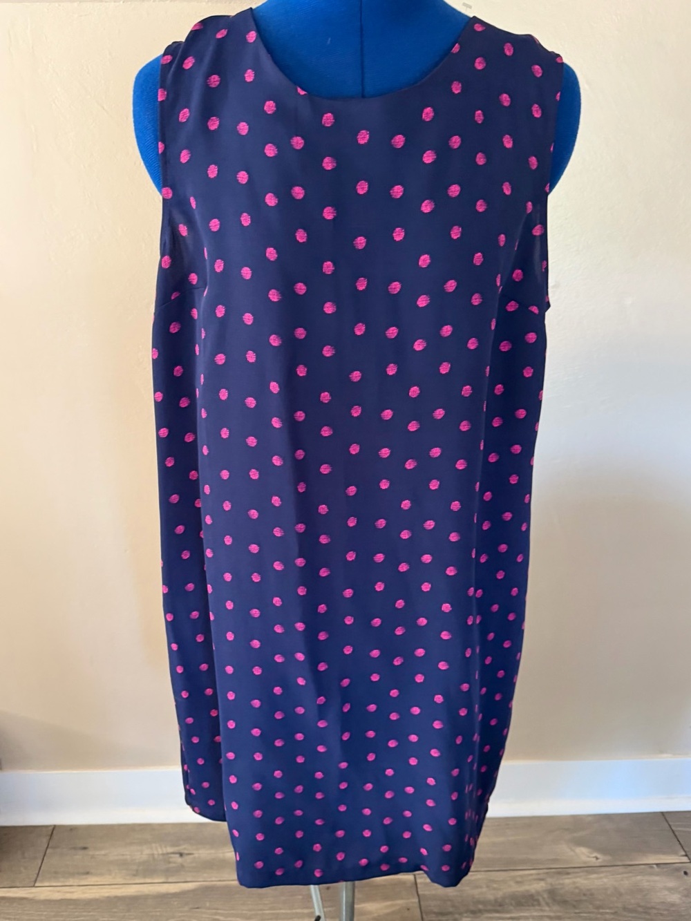 Adrienne Vittadini Navy Blue Pink Polka Dot Sleeveless Dress Size 12